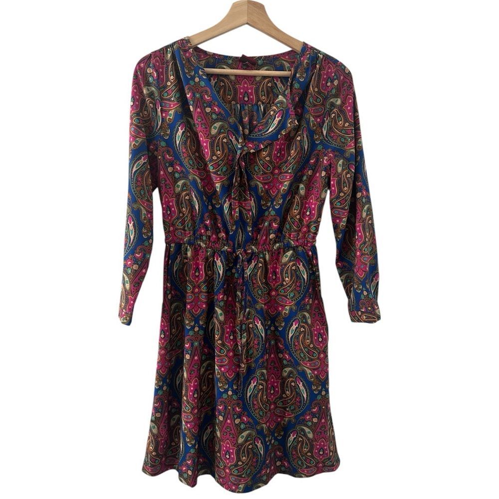 Vintage Merona Pink & Blue Paisley Dress Small Y2K Boho V-Neck Retro Colorful